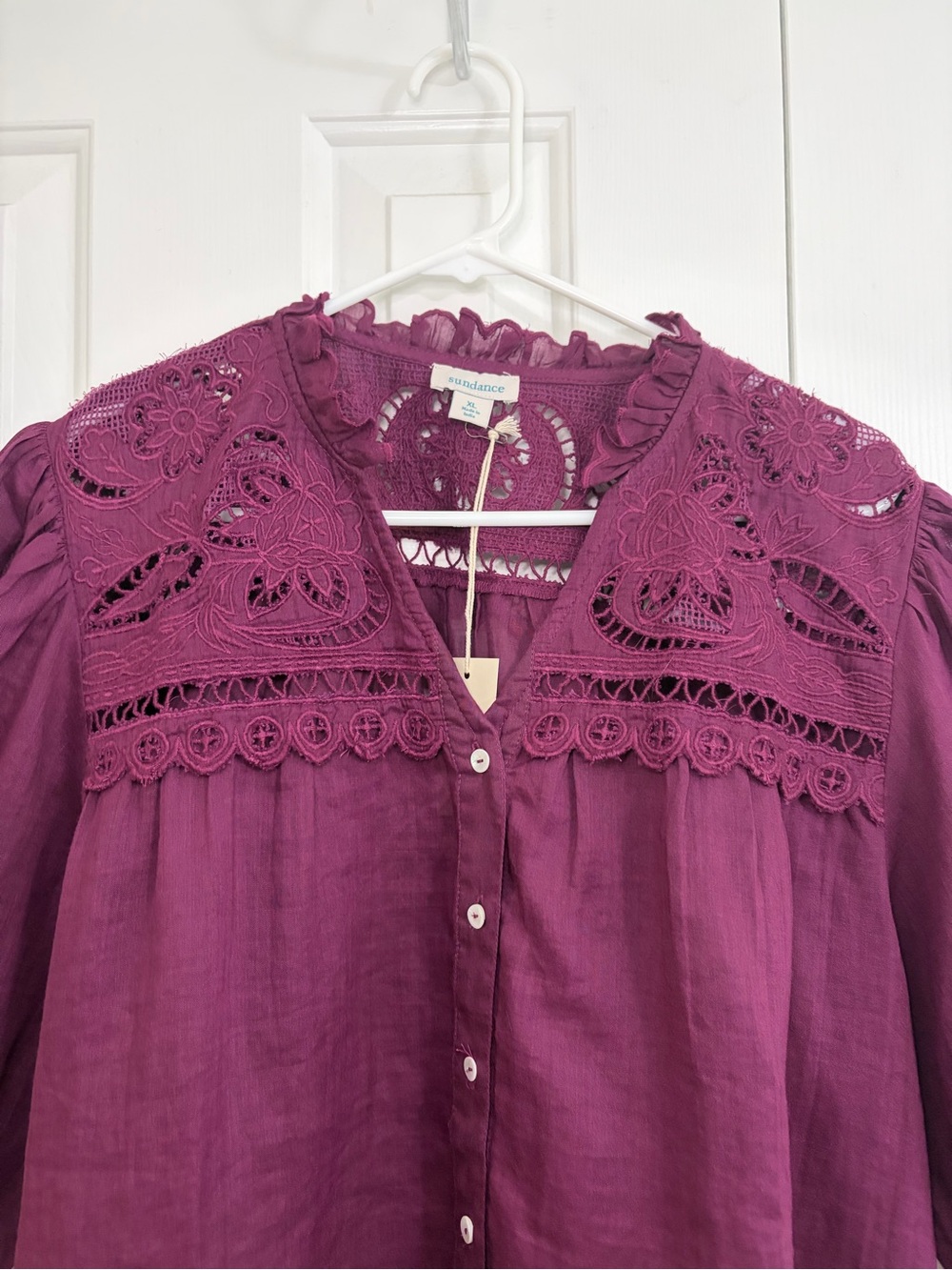 NWT Sundance Plum Embroidered Lace Puff Sleeve Ramie Button Down Bohemian Top XL - Picture 2 of 16
